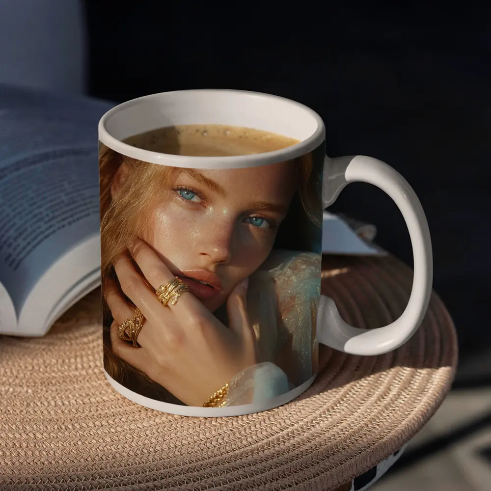 Young Woman Gold Jewelry Blue Background Portrait – Mugs