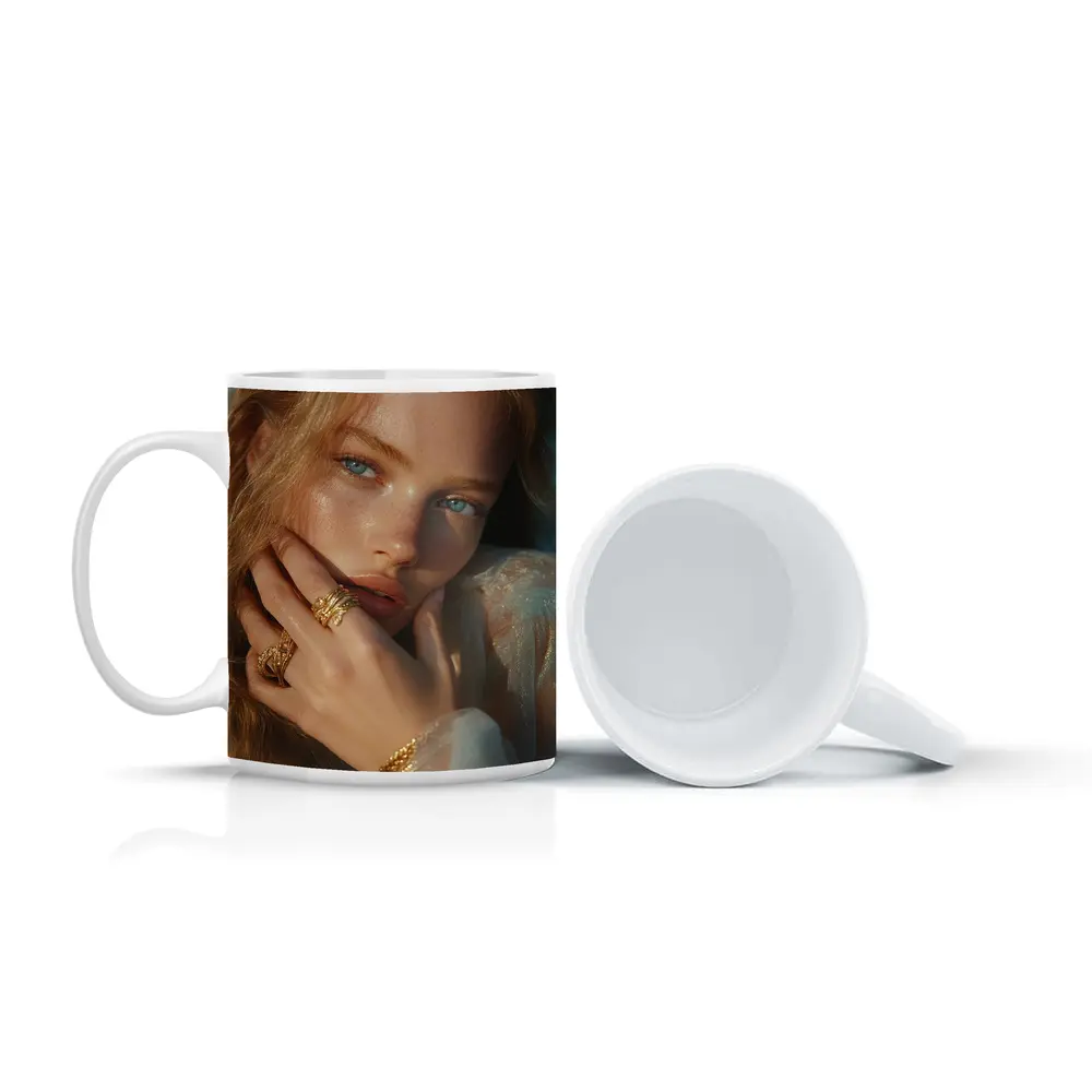 Young Woman Gold Jewelry Blue Background Portrait – Mugs