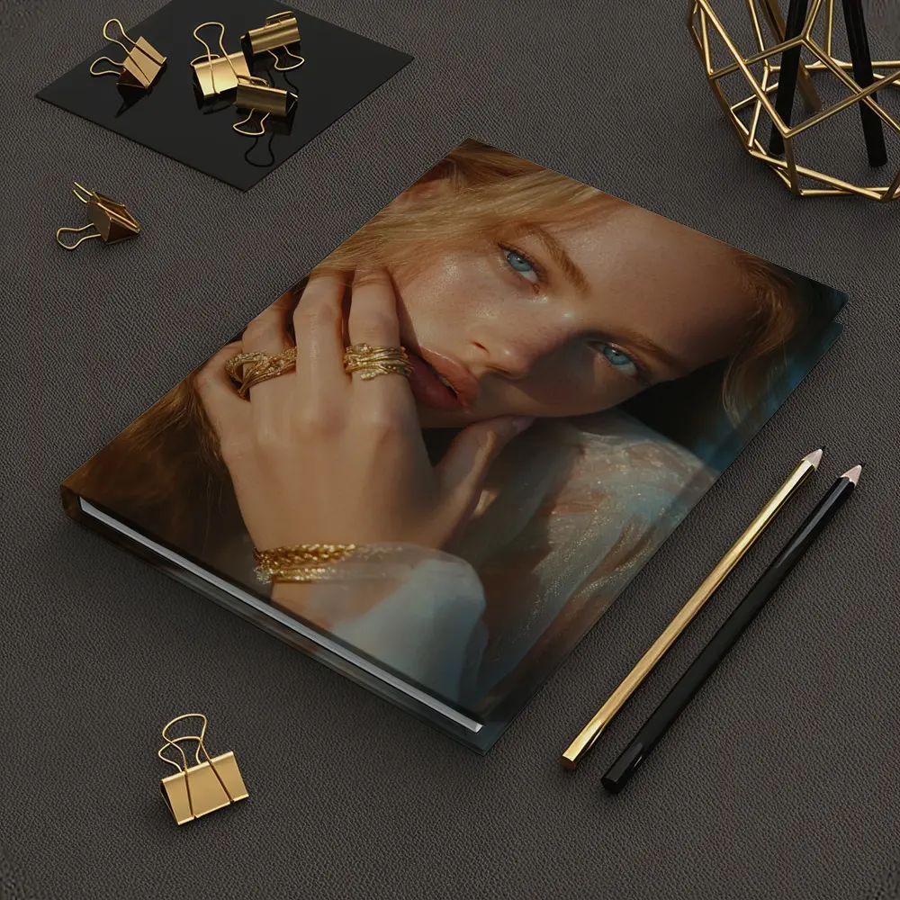 Young Woman Gold Jewelry Blue Background Portrait – Notebooks