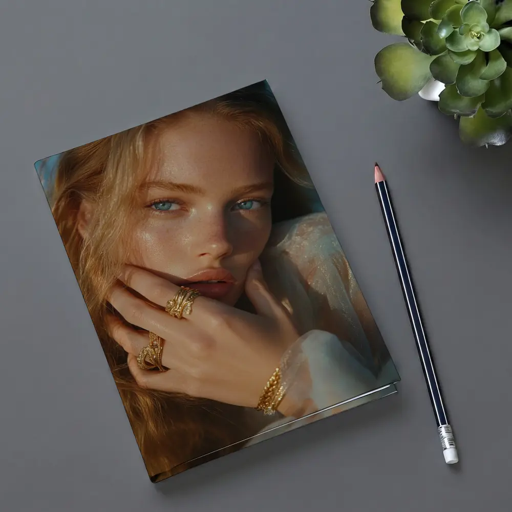 Young Woman Gold Jewelry Blue Background Portrait – Notebooks