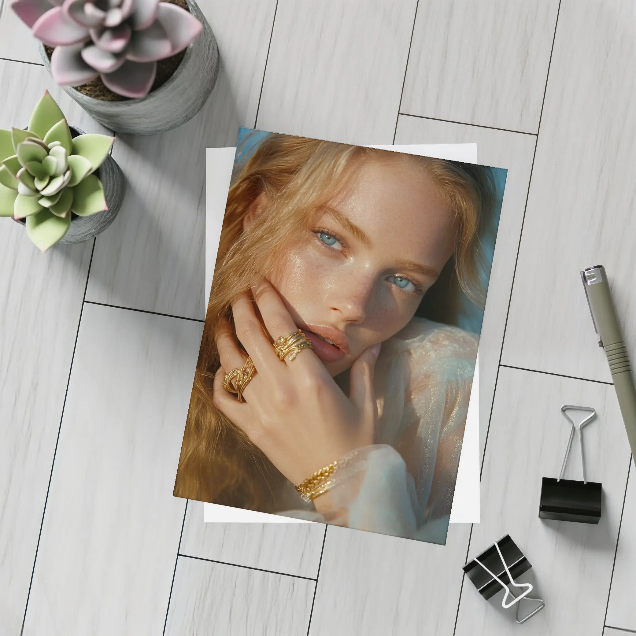 Young Woman Gold Jewelry Blue Background Portrait – Postcards