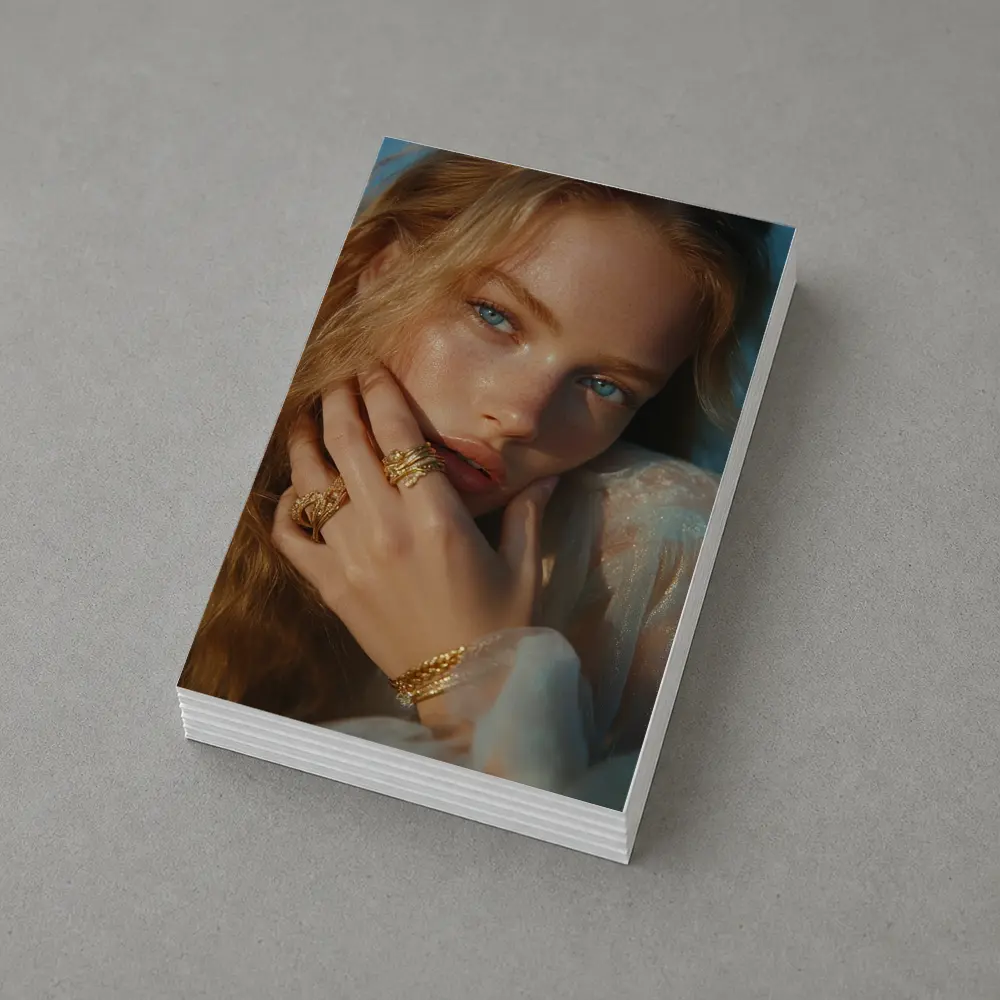 Young Woman Gold Jewelry Blue Background Portrait – Postcards