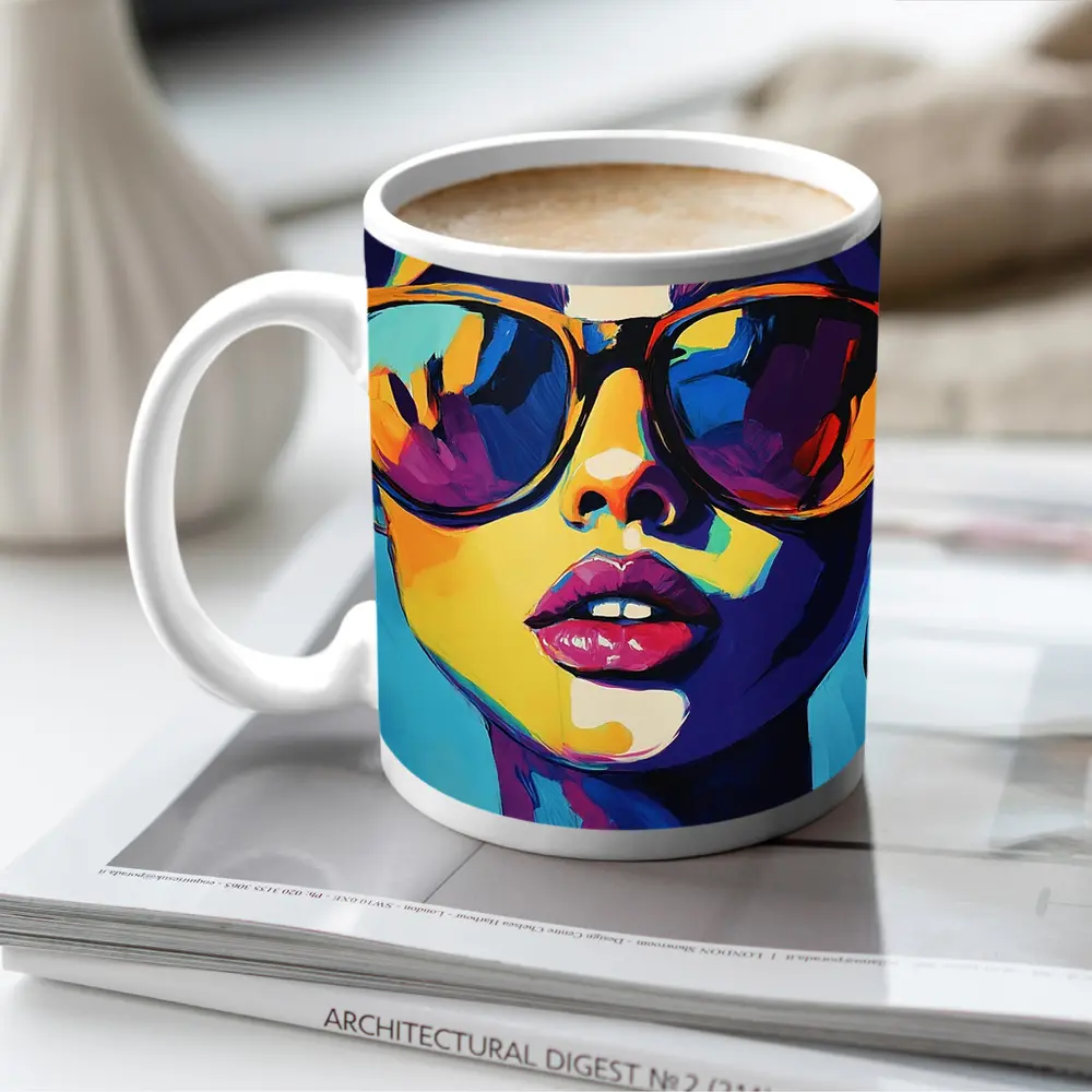 Pop Art Woman Portrait With Colorful Sunglasses – Mugs