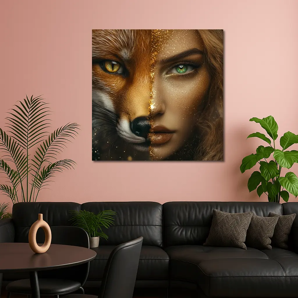 Fox Woman Split Face Gold Glitter Art – Wall Art