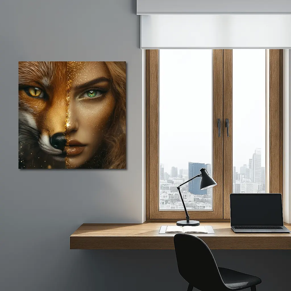 Fox Woman Split Face Gold Glitter Art – Wall Art