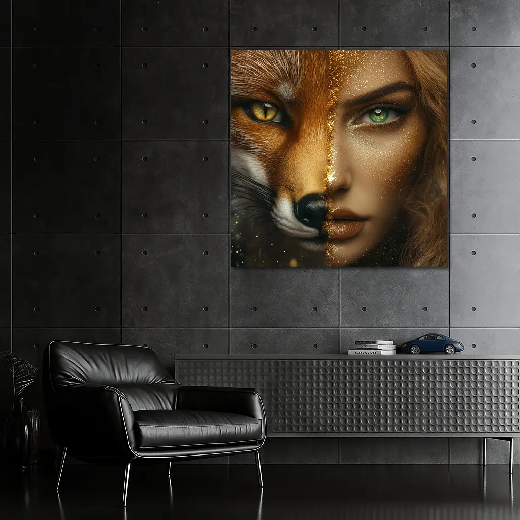 Fox Woman Split Face Gold Glitter Art – Wall Art