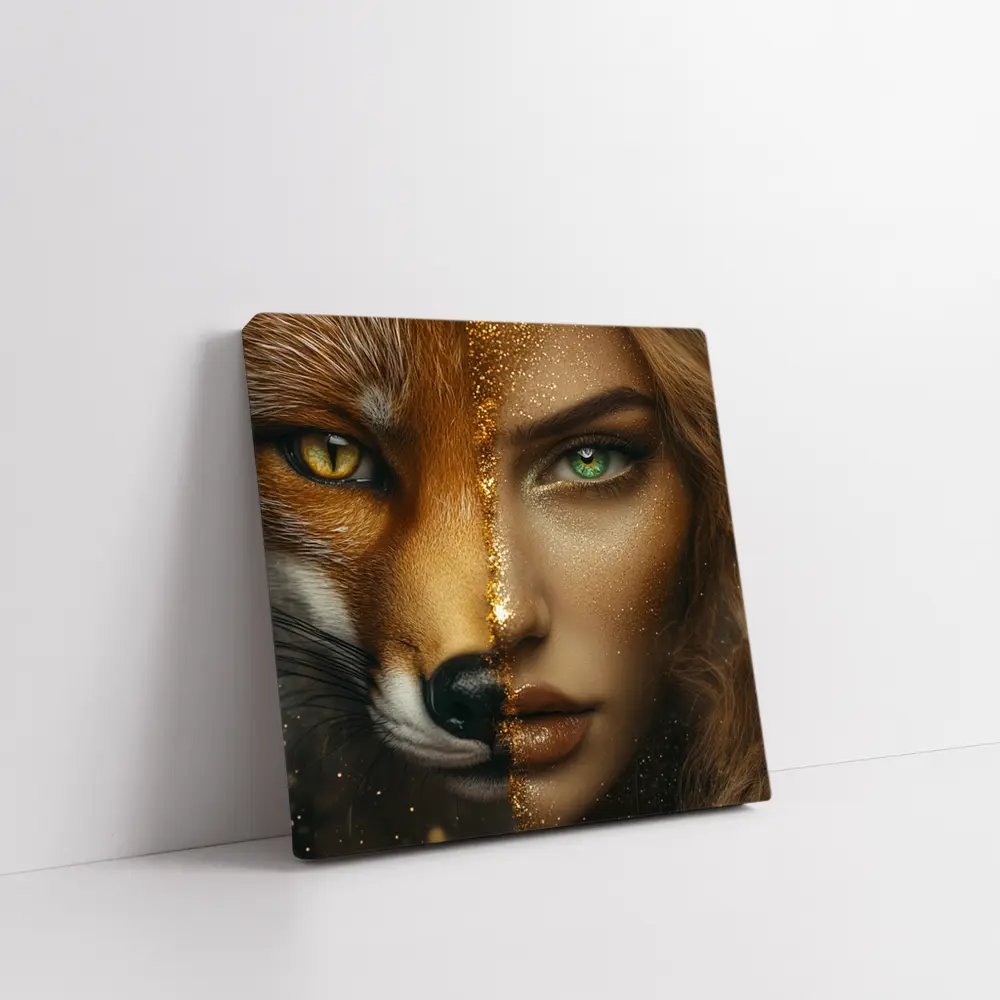Fox Woman Split Face Gold Glitter Art – Wall Art