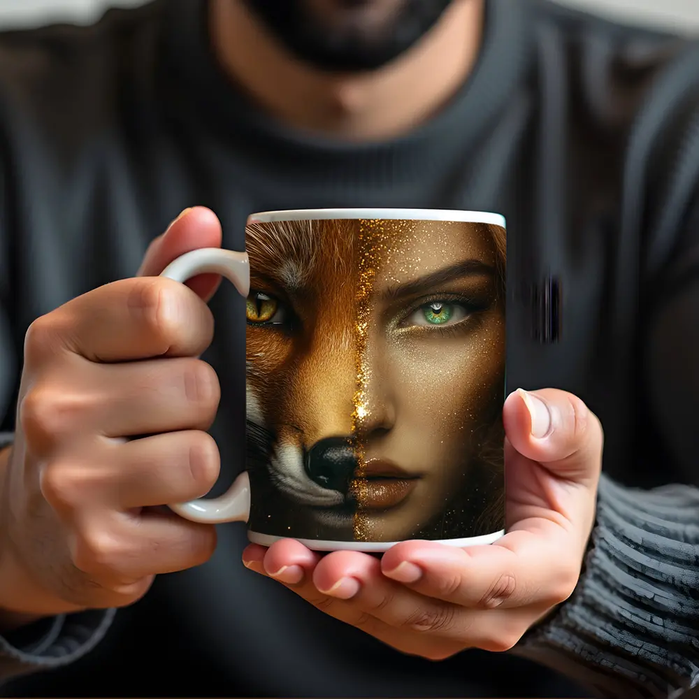 Fox Woman Split Face Gold Glitter Art – Mugs