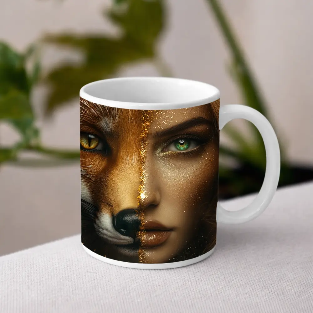 Fox Woman Split Face Gold Glitter Art – Mugs