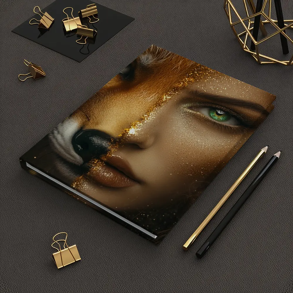 Fox Woman Split Face Gold Glitter Art – Notebooks