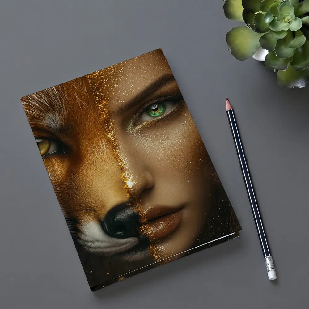 Fox Woman Split Face Gold Glitter Art – Notebooks