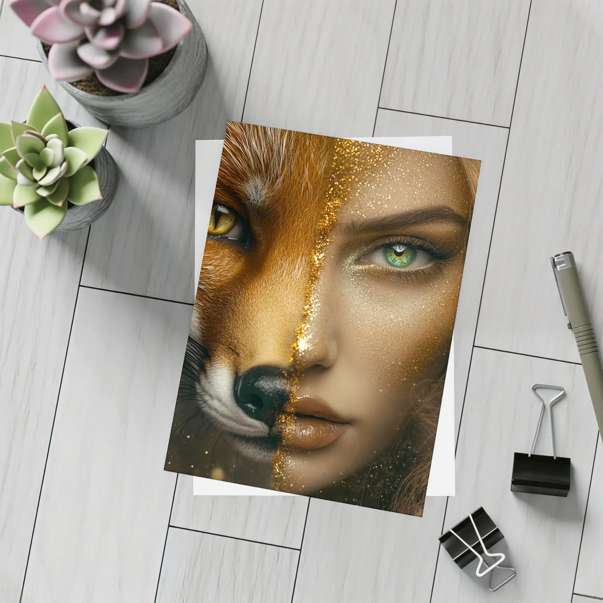 Fox Woman Split Face Gold Glitter Art – Postcards