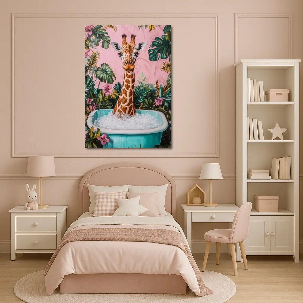 Giraffe Bathing Tropical Pink Floral Background – Wall Art
