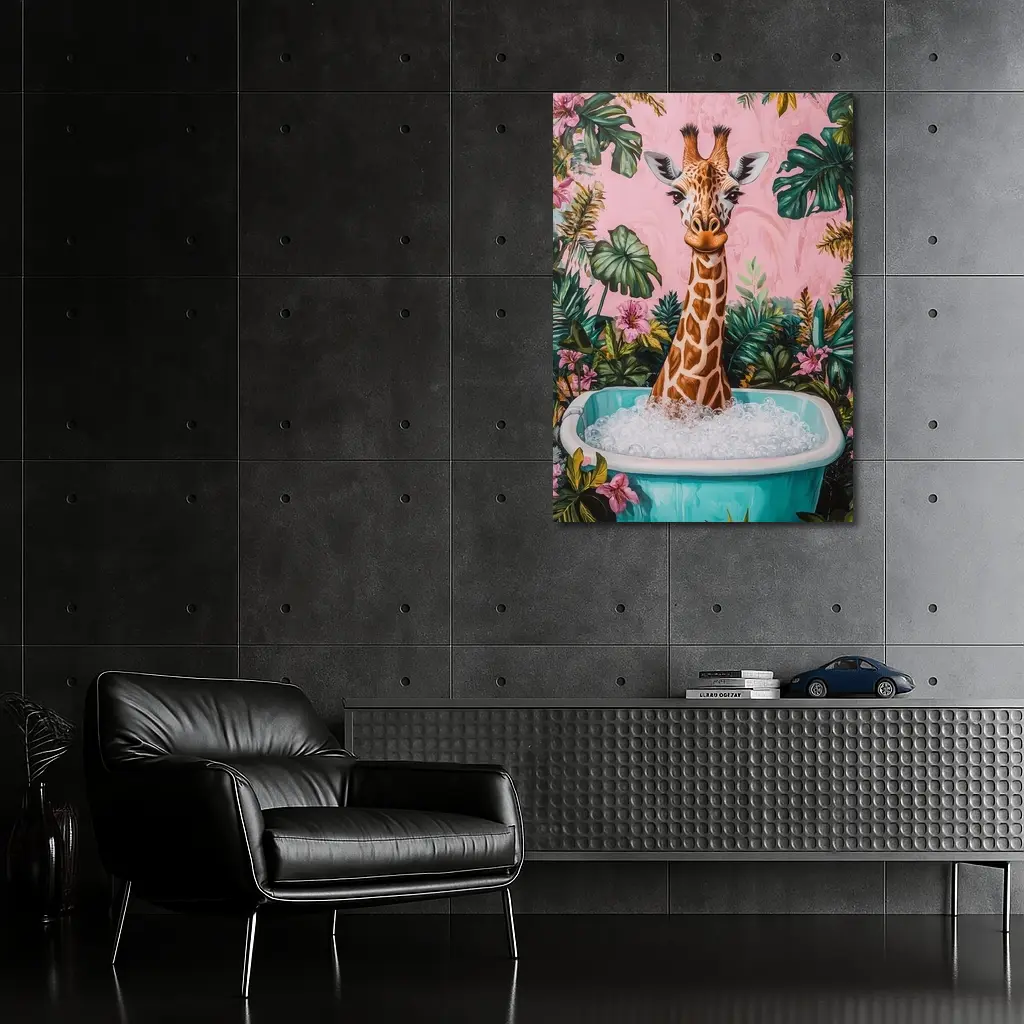 Giraffe Bathing Tropical Pink Floral Background – Wall Art