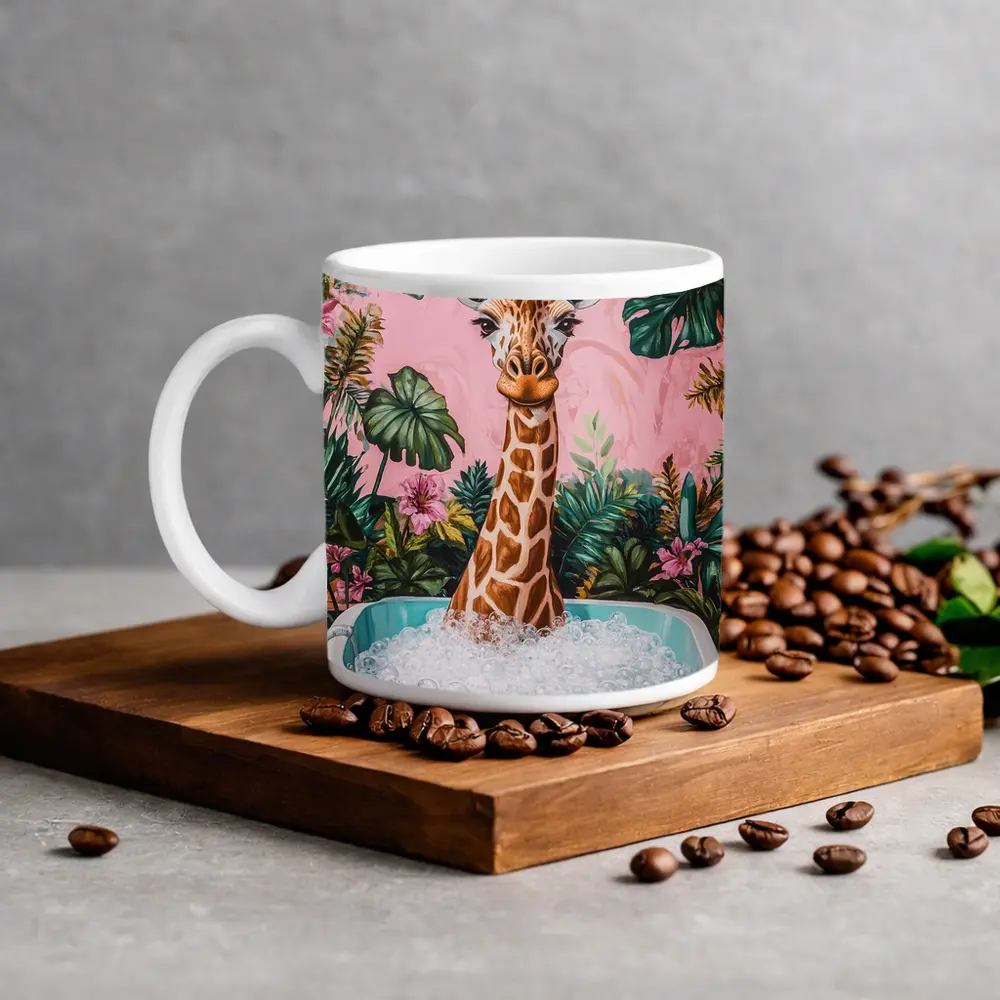Giraffe Bathing Tropical Pink Floral Background – Mugs