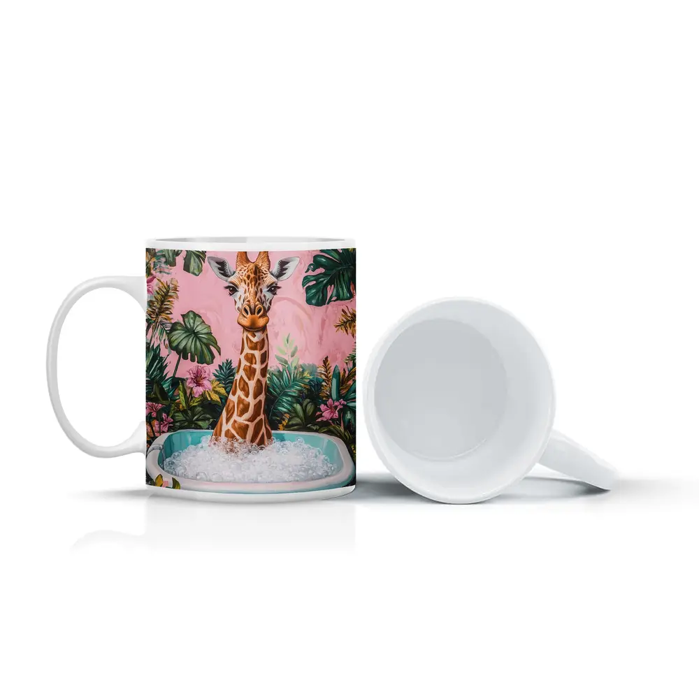 Giraffe Bathing Tropical Pink Floral Background – Mugs