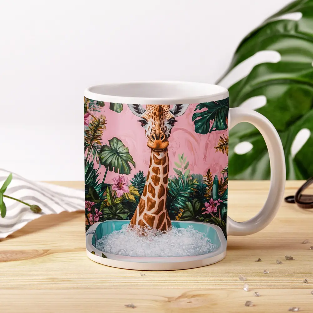 Giraffe Bathing Tropical Pink Floral Background – Mugs