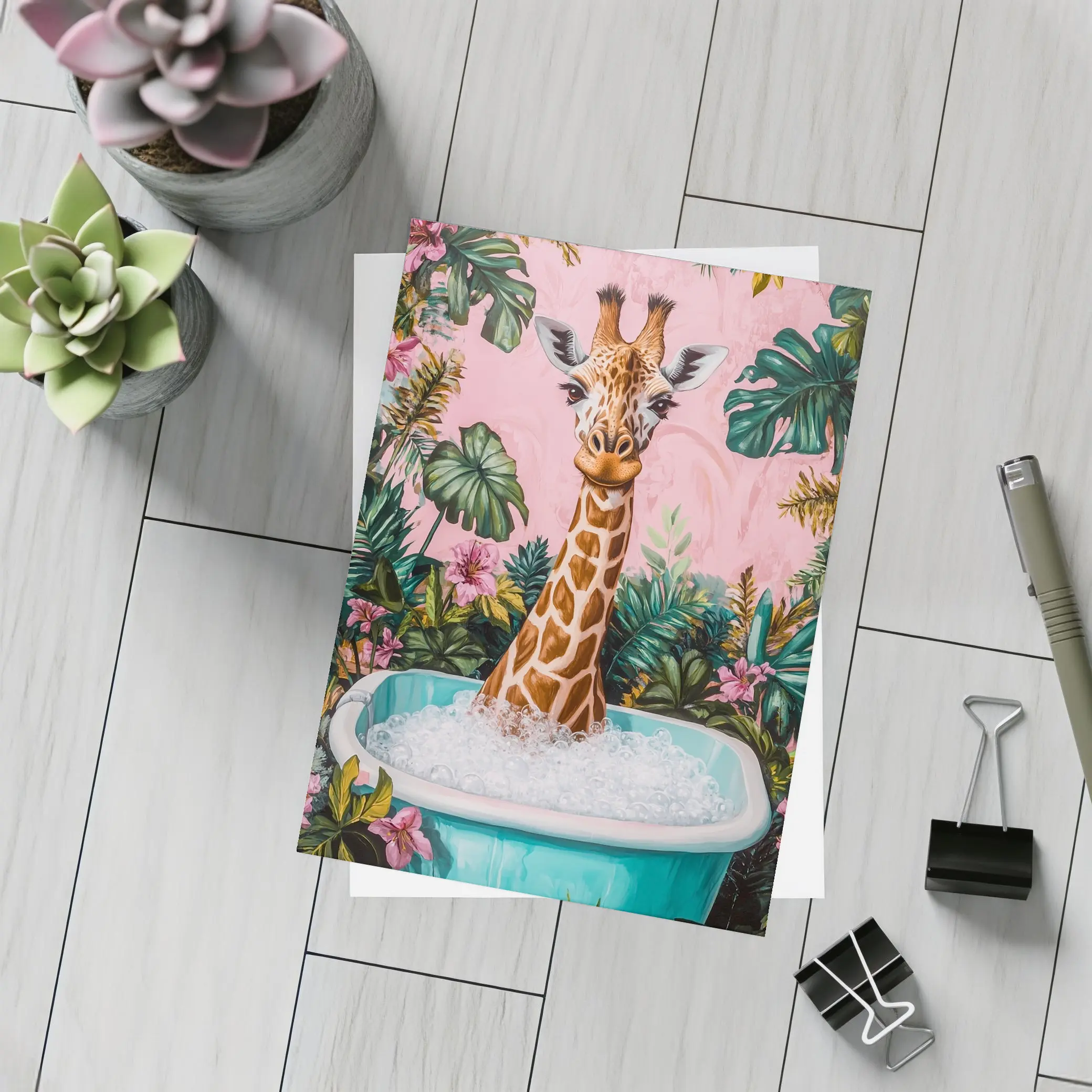 Giraffe Bathing Tropical Pink Floral Background – Postcards