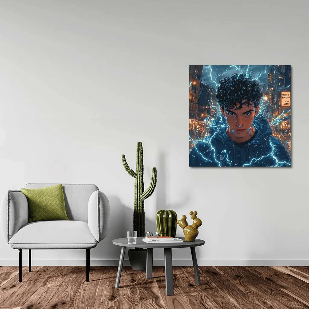 Anime Boy Lightning Storm Urban City Street – Wall Art