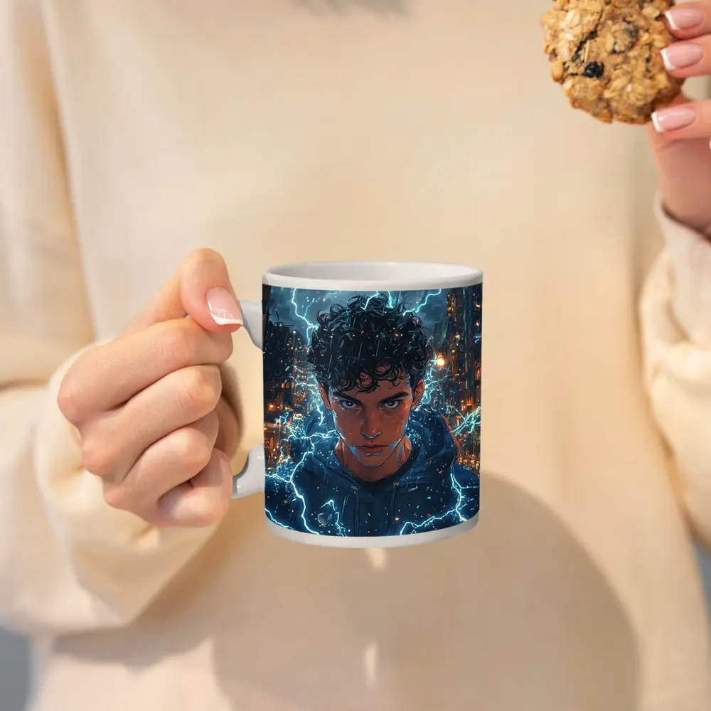 Anime Boy Lightning Storm Urban City Street – Mugs