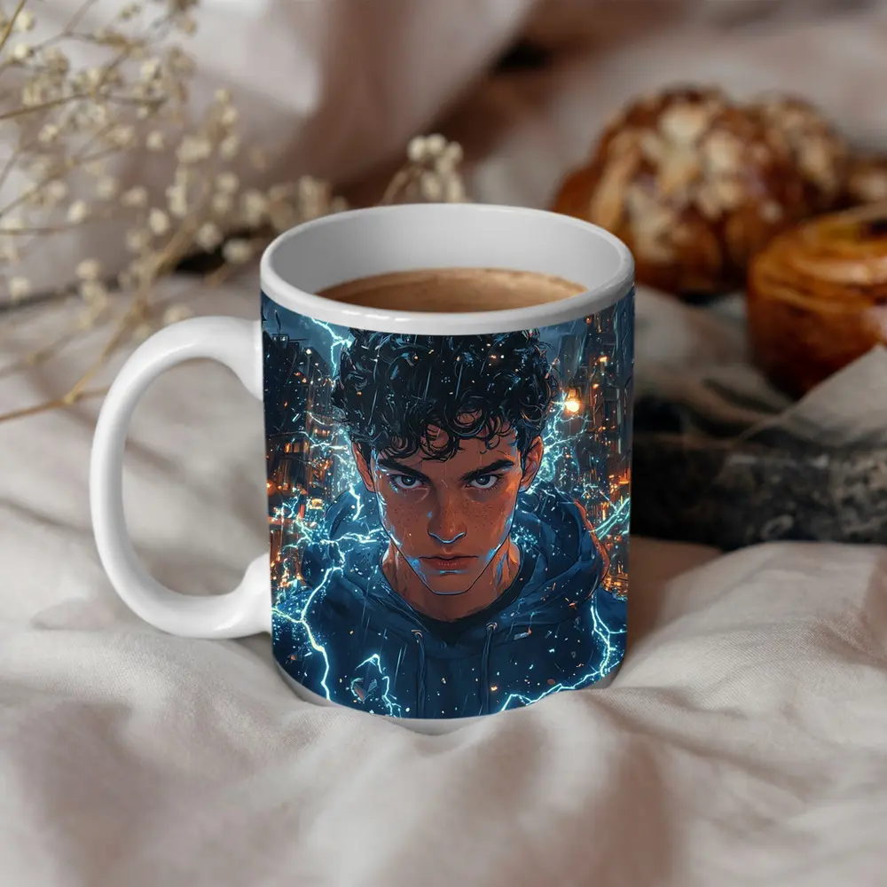 Anime Boy Lightning Storm Urban City Street – Mugs