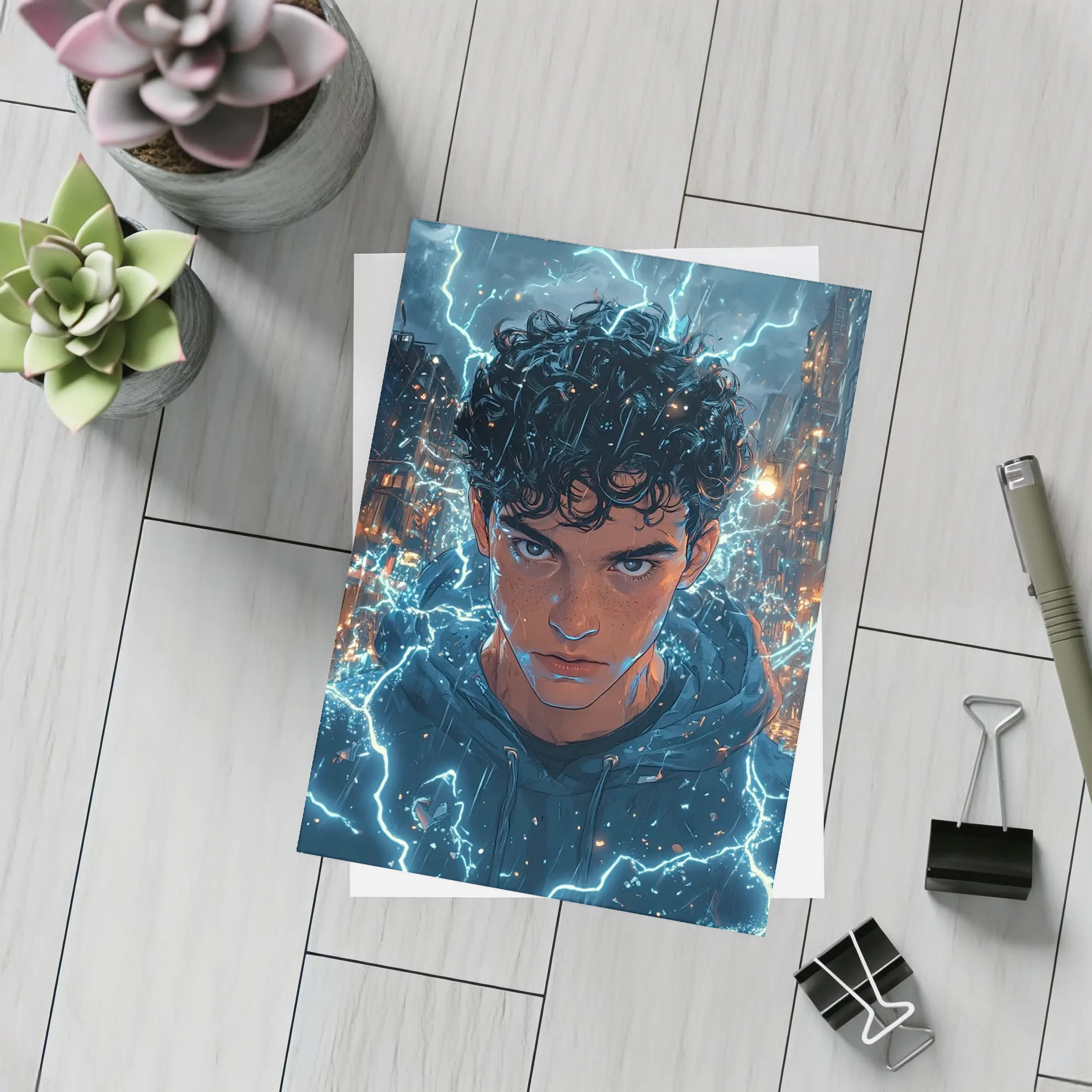 Anime Boy Lightning Storm Urban City Street – Postcards