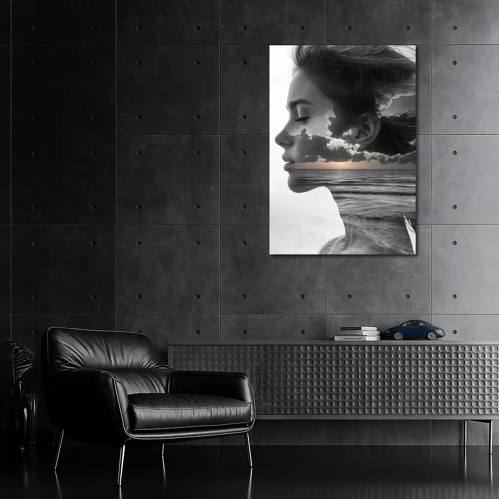 Black White Woman Double Exposure Ocean Sky – Wall Art