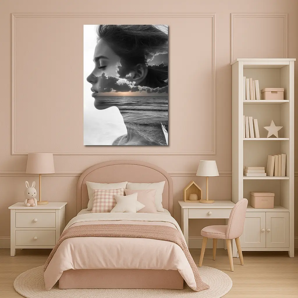 Black White Woman Double Exposure Ocean Sky – Wall Art