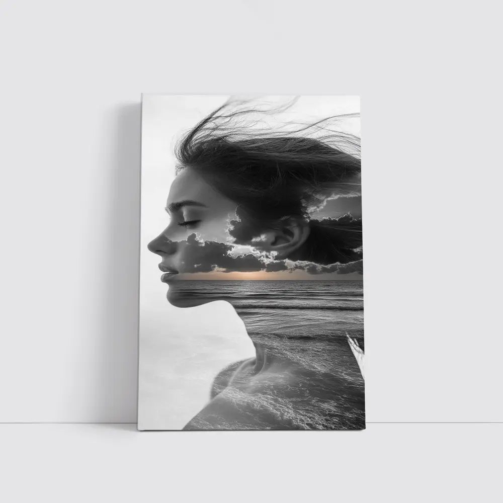 Black White Woman Double Exposure Ocean Sky – Wall Art