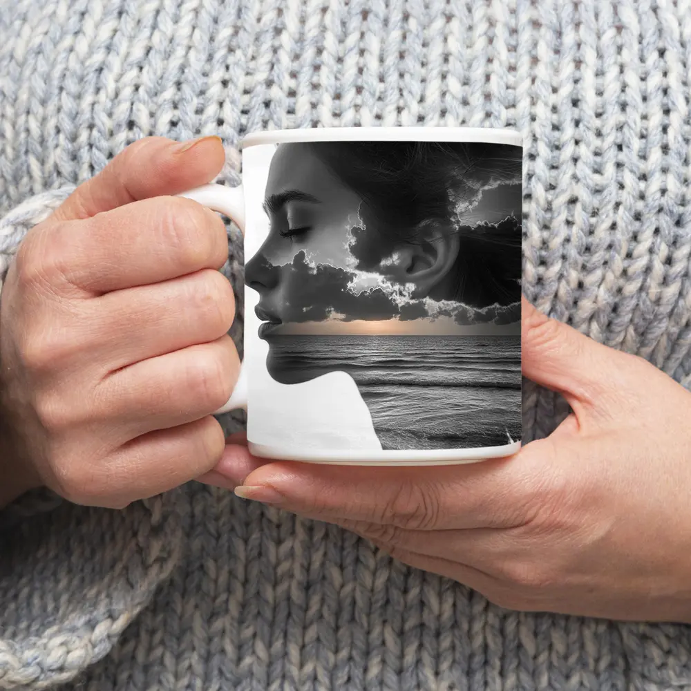 Black White Woman Double Exposure Ocean Sky – Mugs