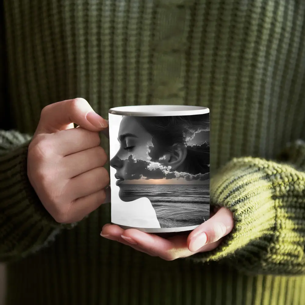 Black White Woman Double Exposure Ocean Sky – Mugs