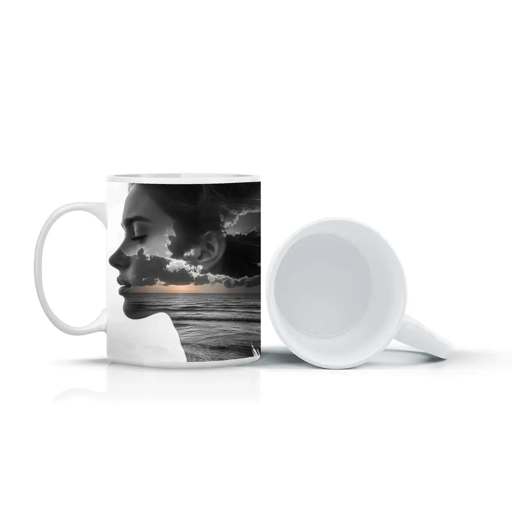 Black White Woman Double Exposure Ocean Sky – Mugs