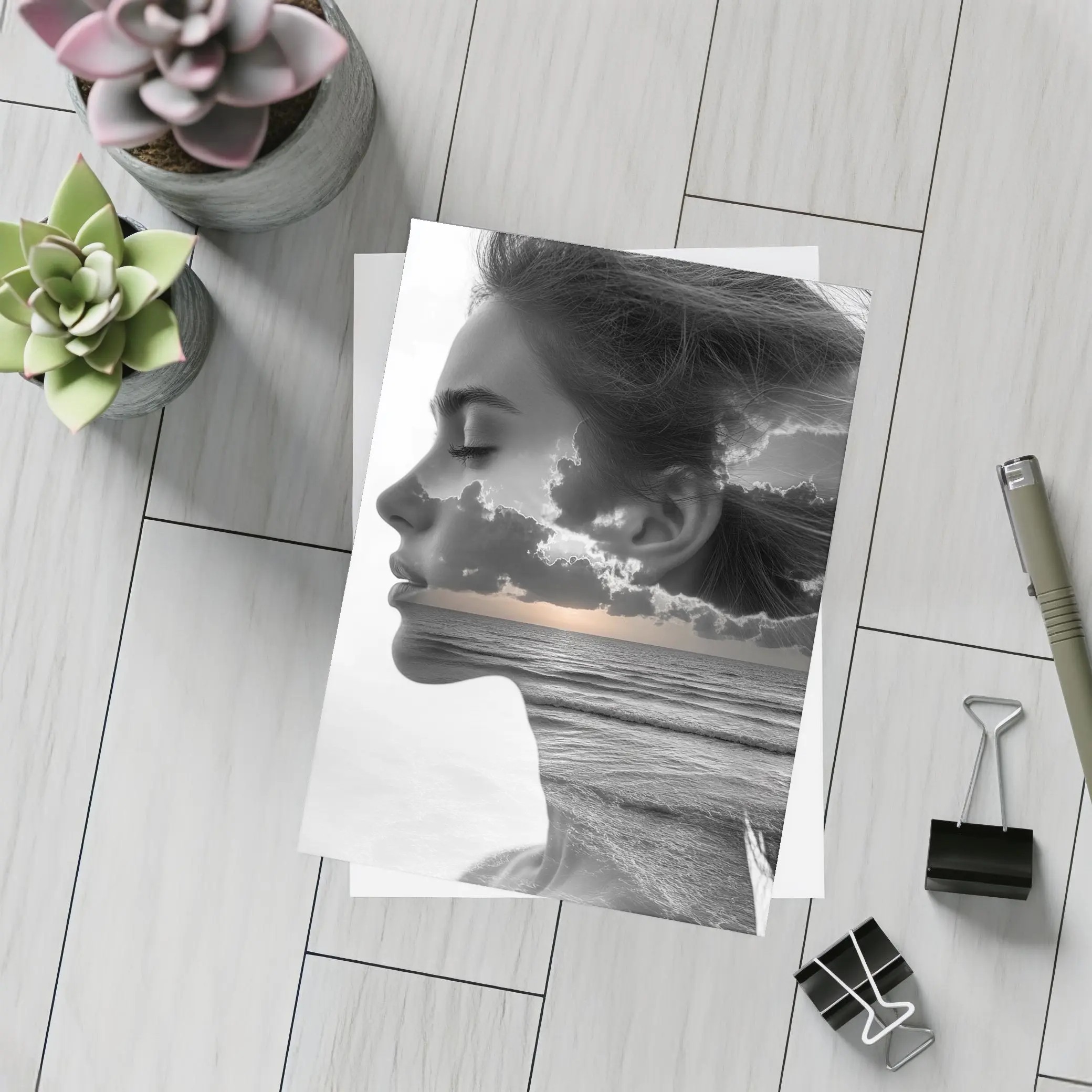 Black White Woman Double Exposure Ocean Sky – Postcards