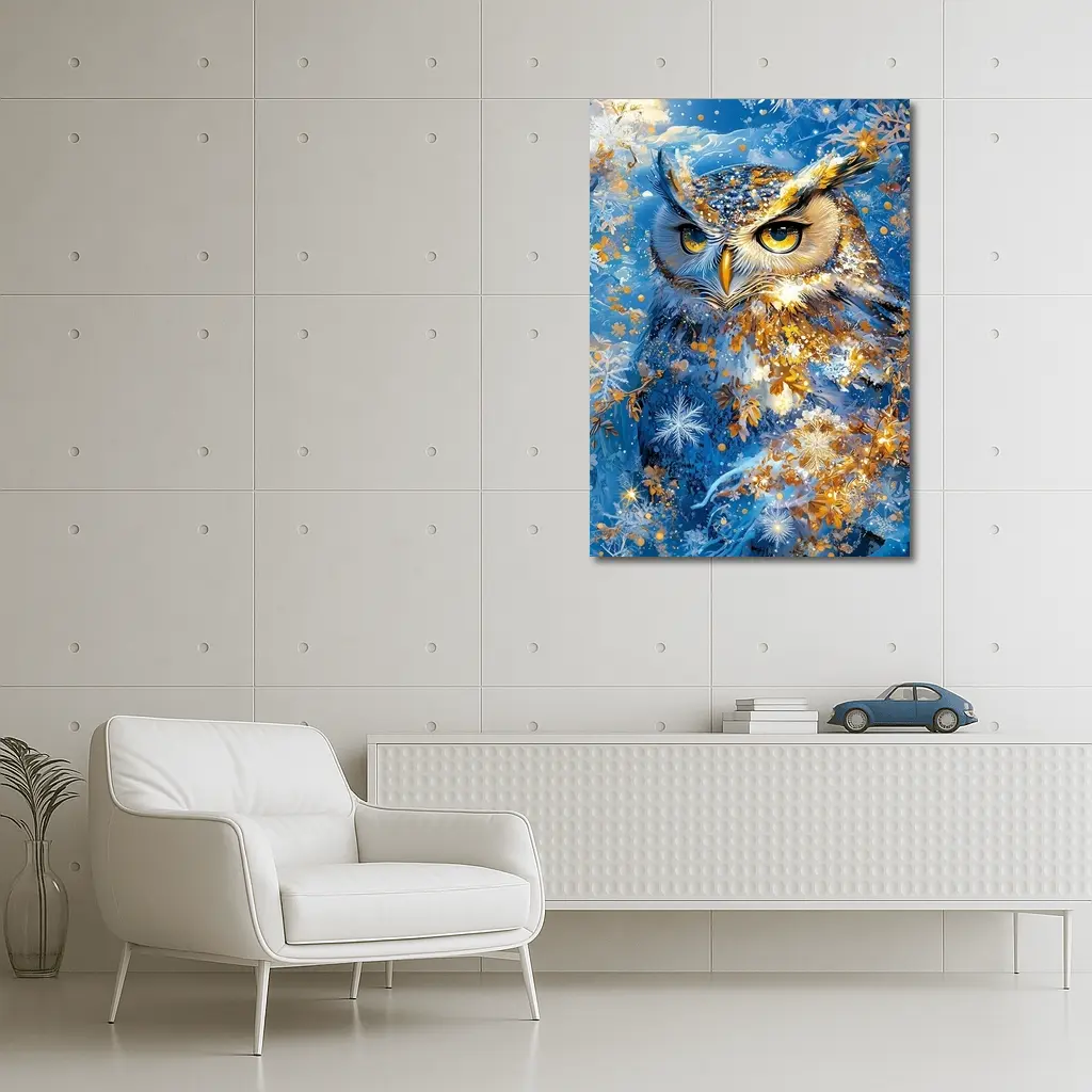 Great Horned Owl Blue Winter Snowflake Art – Wall Art