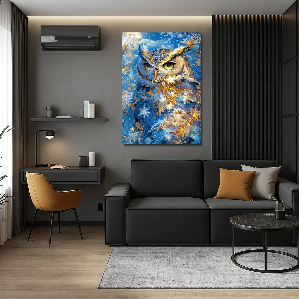 Great Horned Owl Blue Winter Snowflake Art – Wall Art