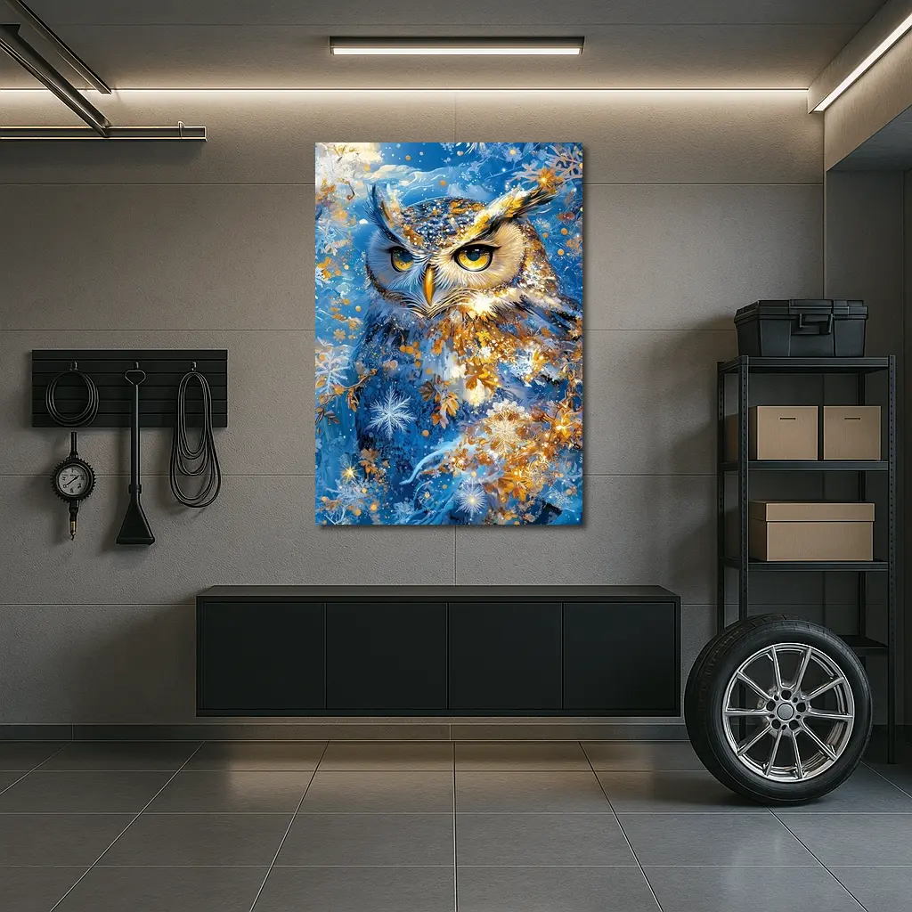 Great Horned Owl Blue Winter Snowflake Art – Wall Art