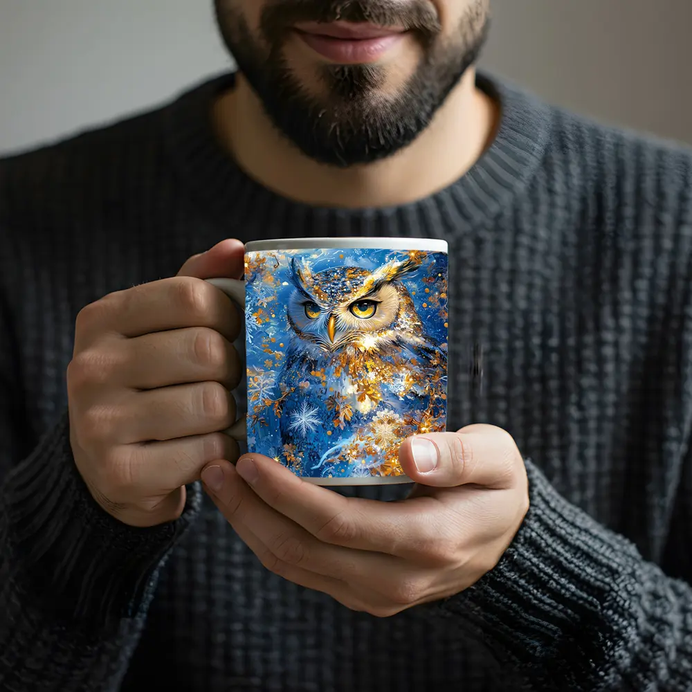 Great Horned Owl Blue Winter Snowflake Art – Mugs