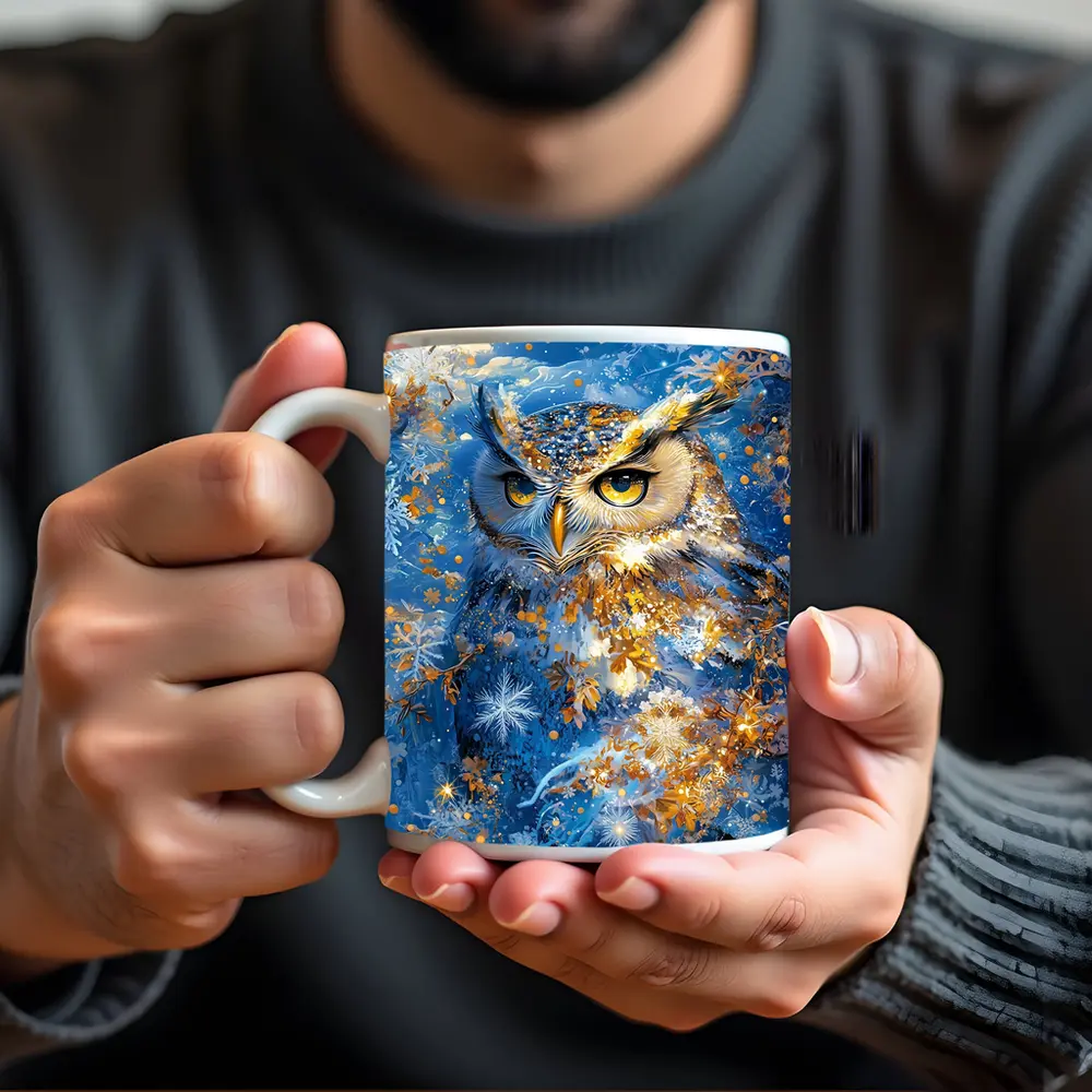 Great Horned Owl Blue Winter Snowflake Art – Mugs