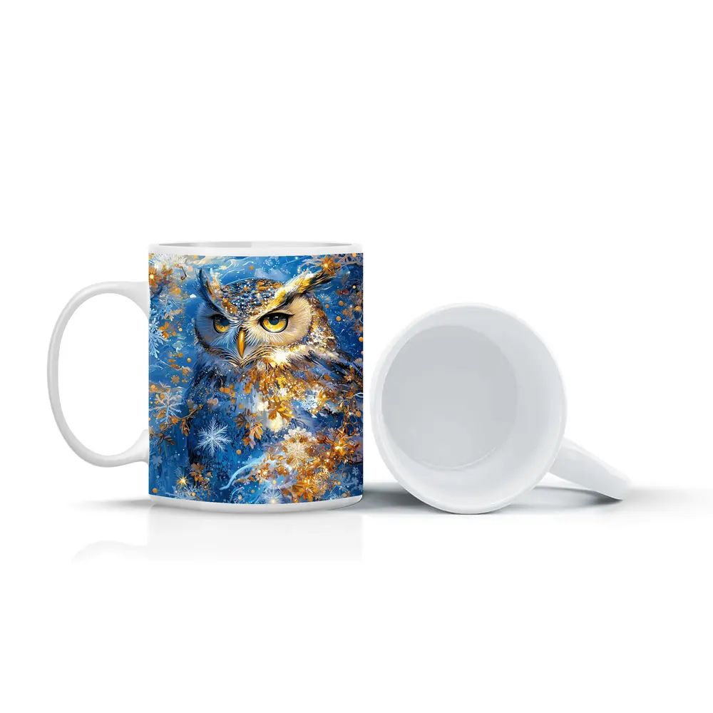 Great Horned Owl Blue Winter Snowflake Art – Mugs