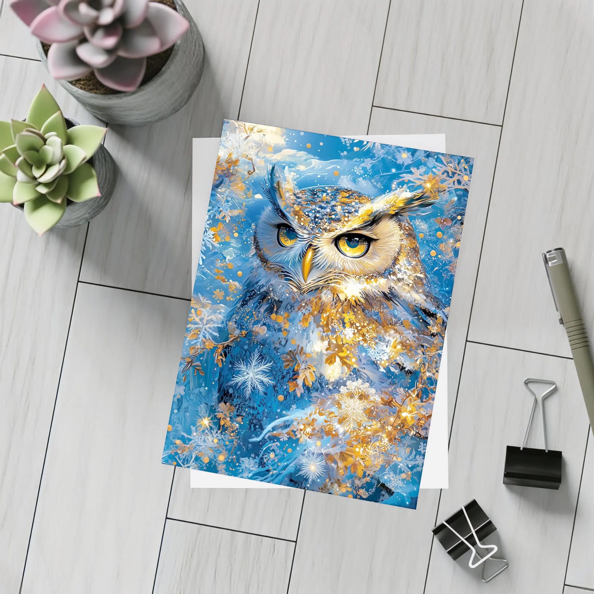 Great Horned Owl Blue Winter Snowflake Art – Postcards