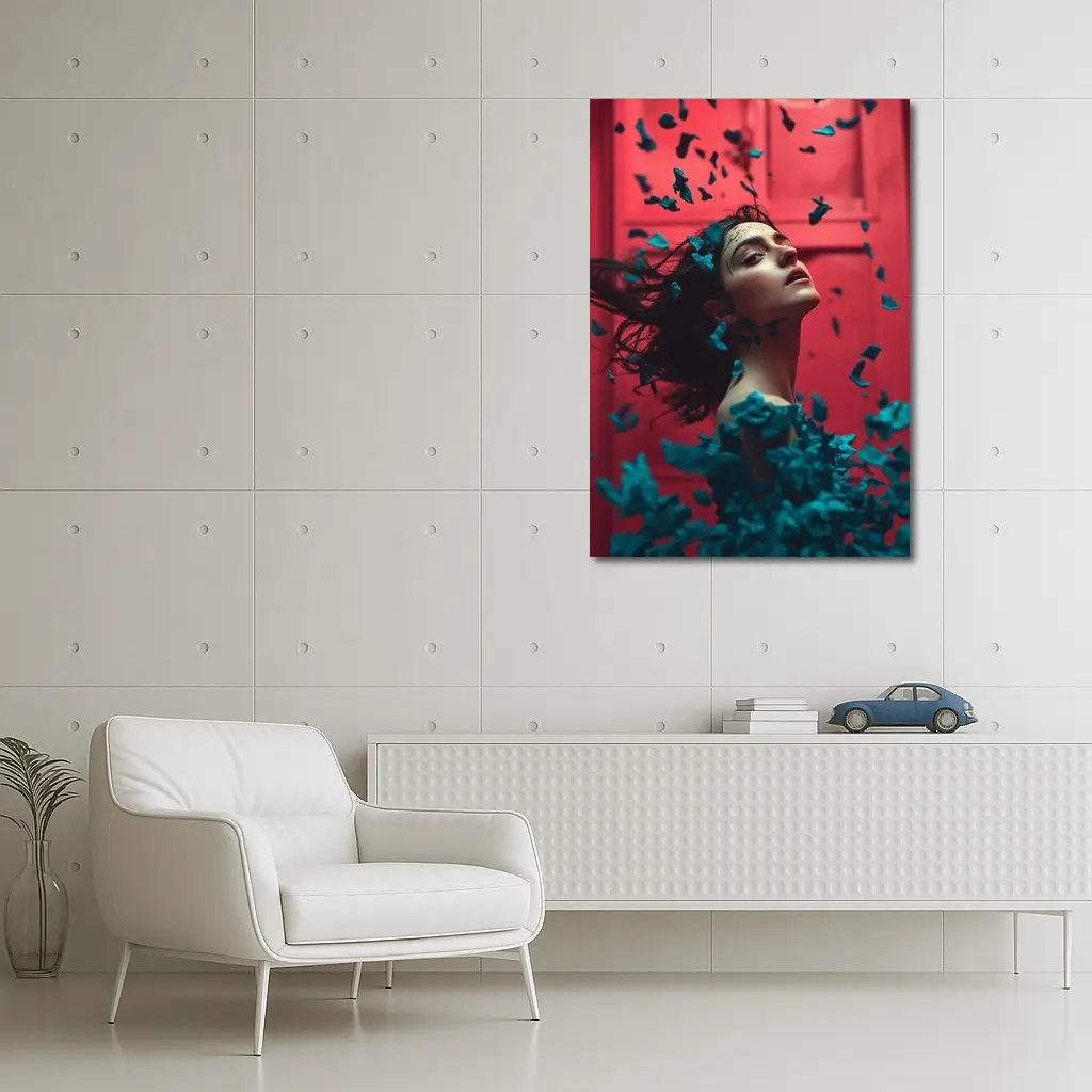 Woman Teal Petals Falling Red Background – Wall Art