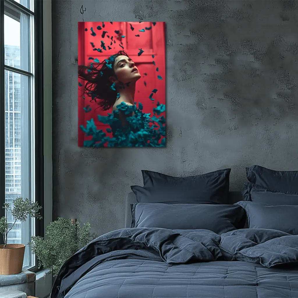 Woman Teal Petals Falling Red Background – Wall Art