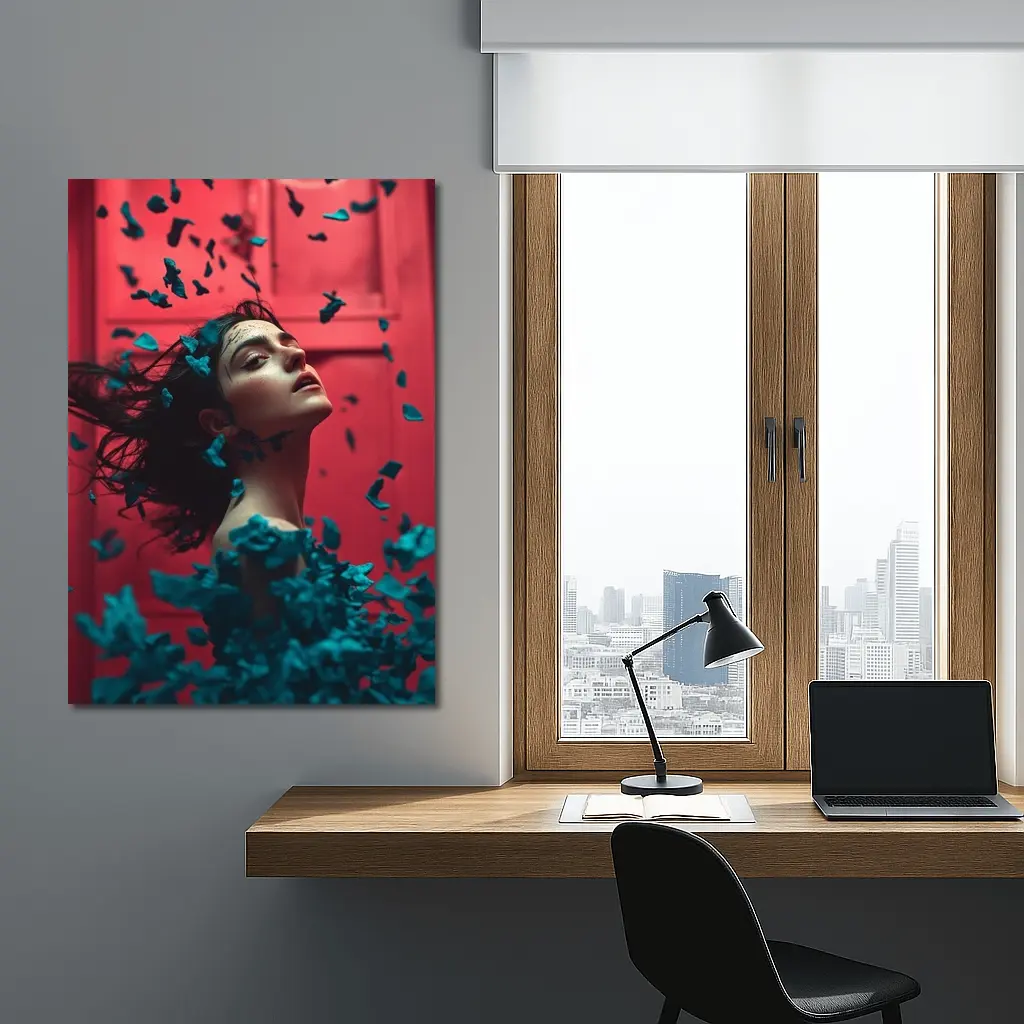 Woman Teal Petals Falling Red Background – Wall Art