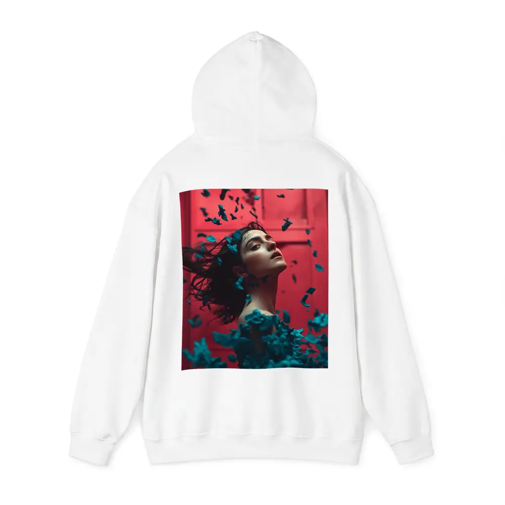 Woman Teal Petals Falling Red Background – Hoodies
