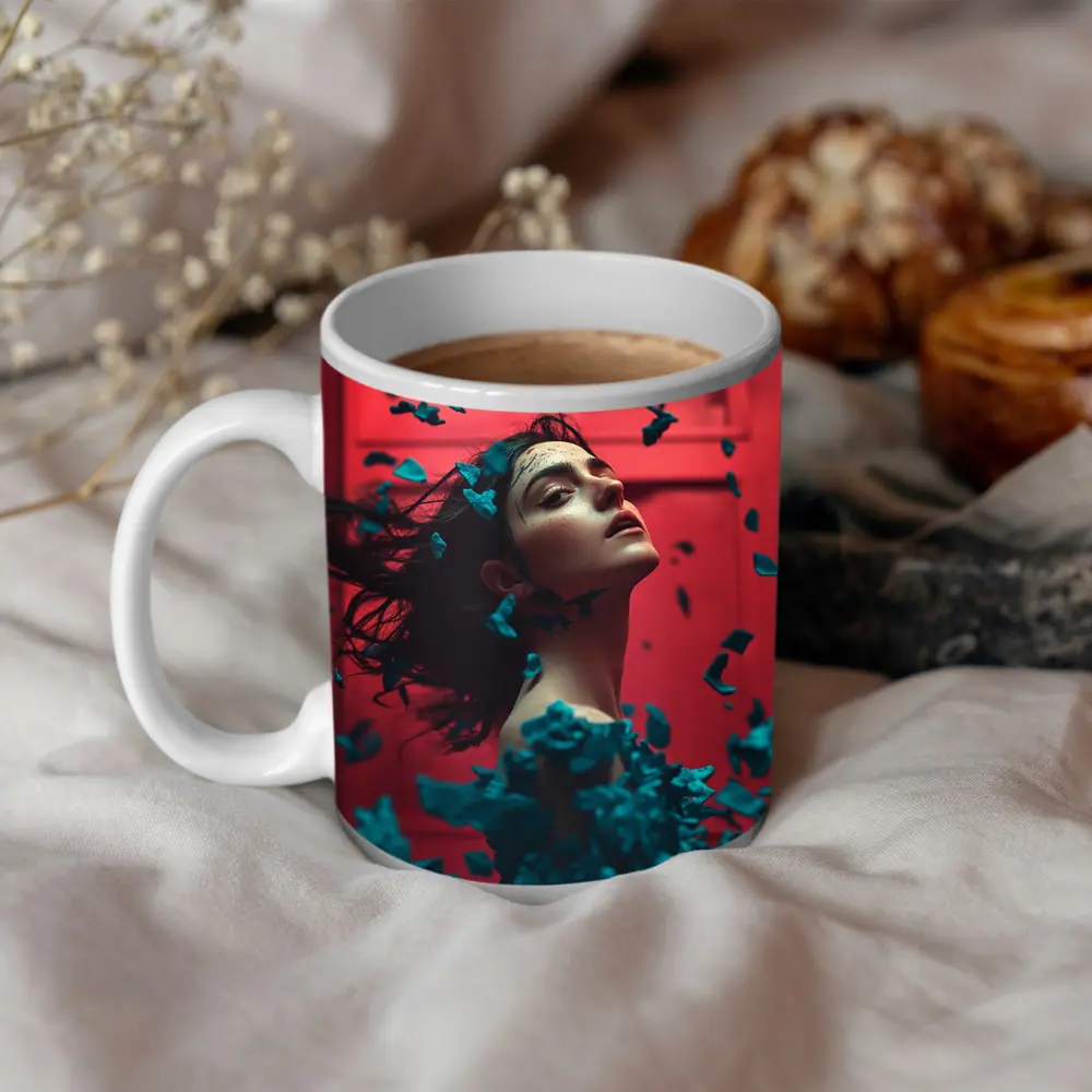 Woman Teal Petals Falling Red Background – Mugs