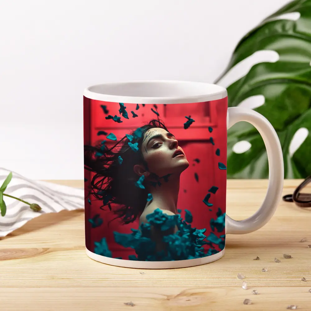 Woman Teal Petals Falling Red Background – Mugs