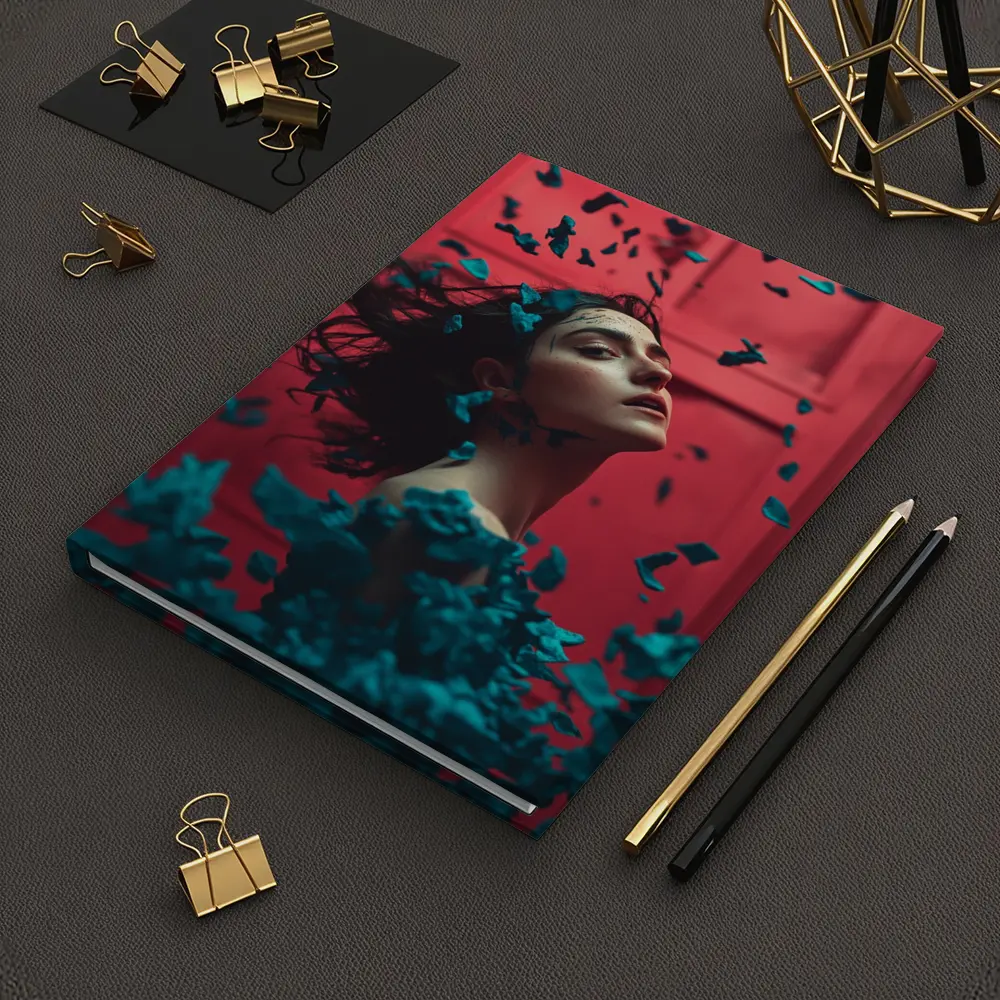Woman Teal Petals Falling Red Background – Notebooks