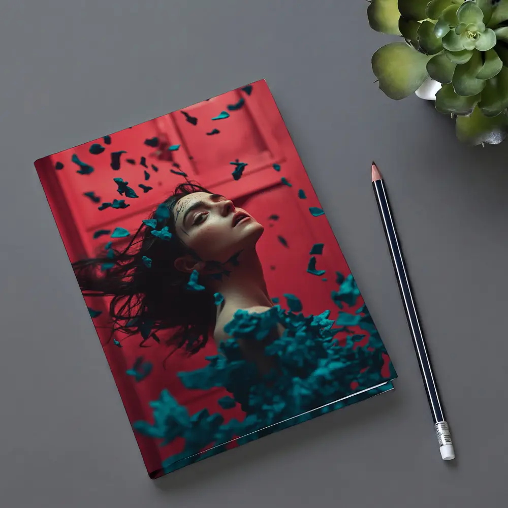 Woman Teal Petals Falling Red Background – Notebooks