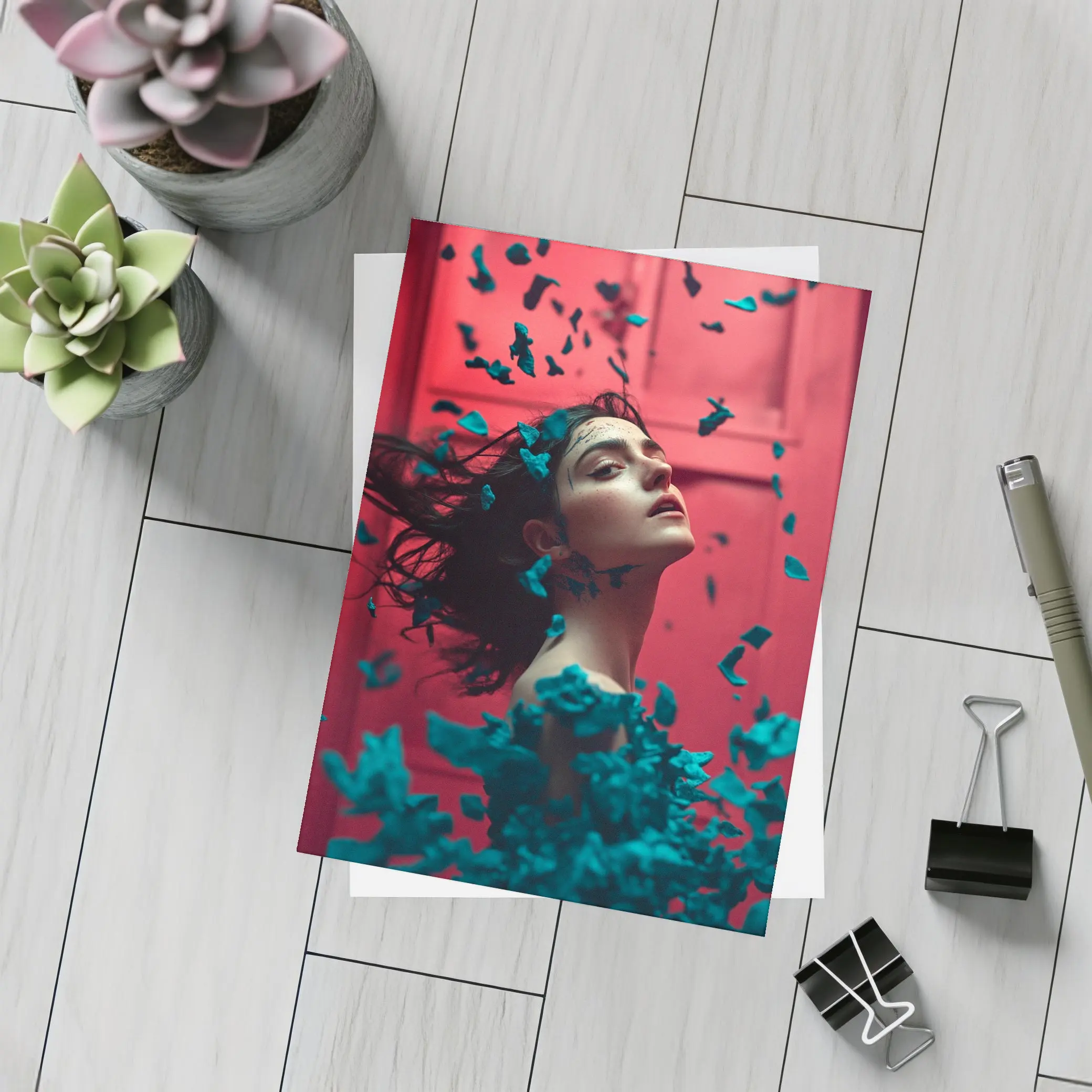 Woman Teal Petals Falling Red Background – Postcards