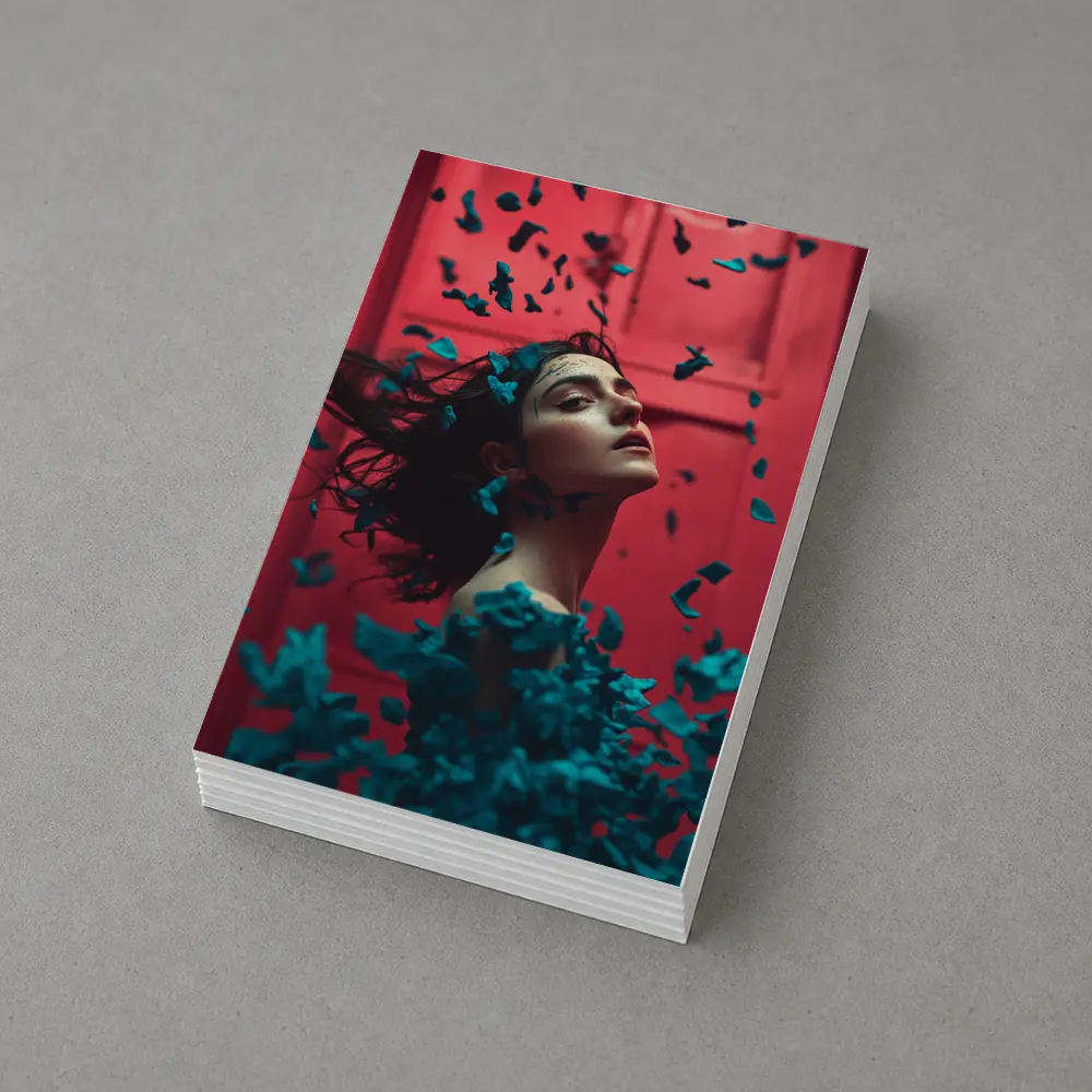 Woman Teal Petals Falling Red Background – Postcards